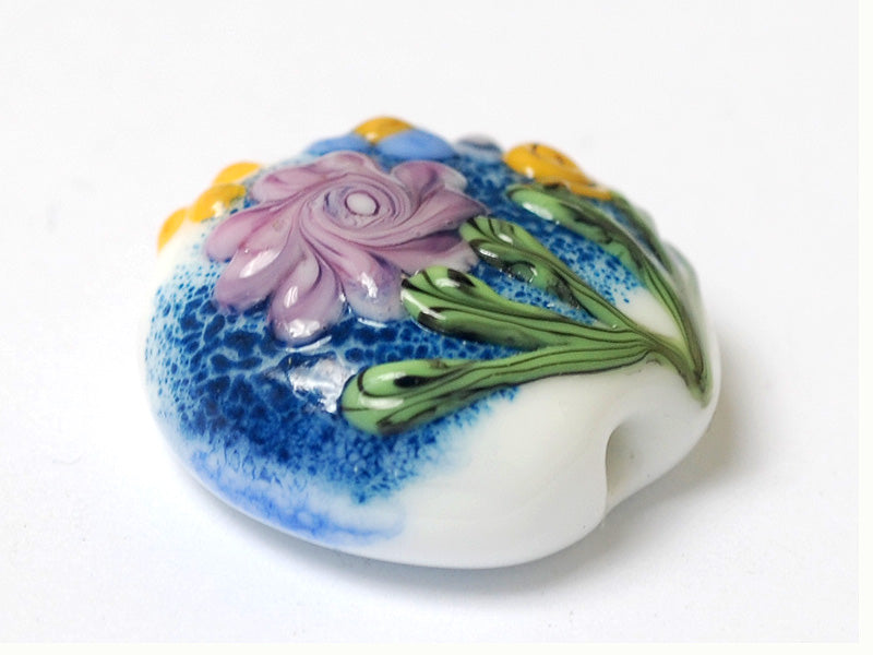 11809402 - Blue w/Pink Raised Flower Lentil Focal Bead