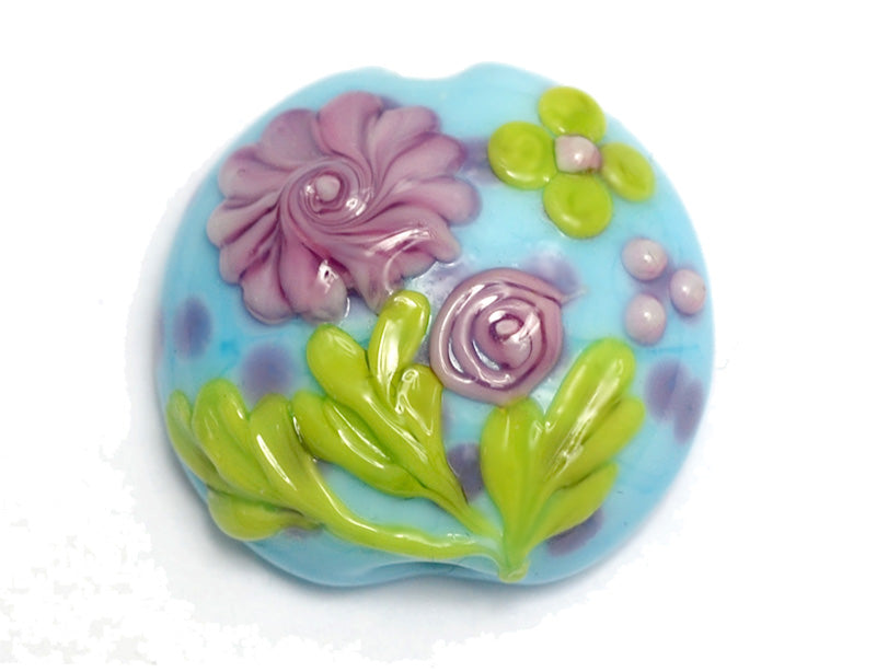 11811402 - Blue w/Pink Flower Lentil Focal Bead