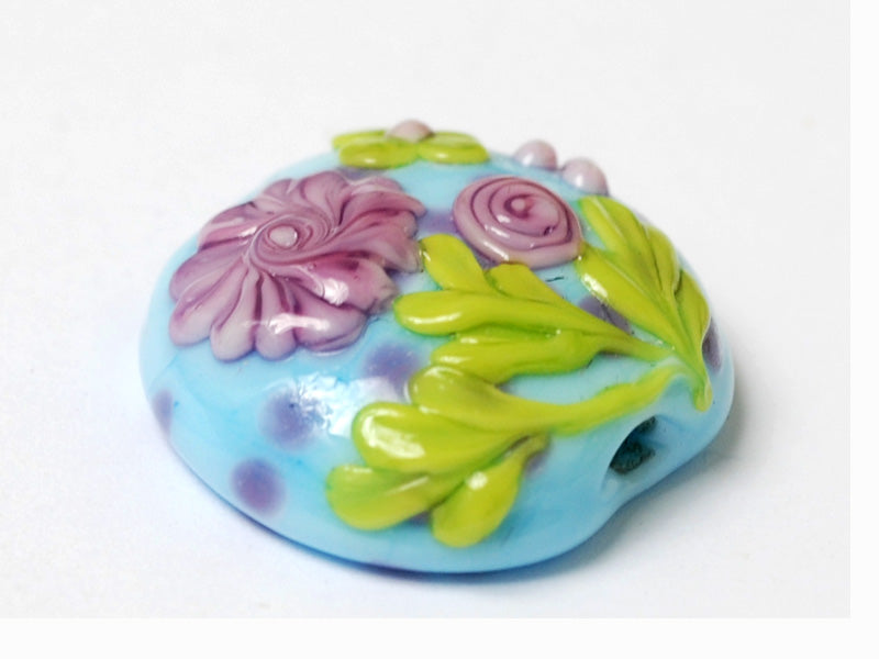 11811402 - Blue w/Pink Flower Lentil Focal Bead