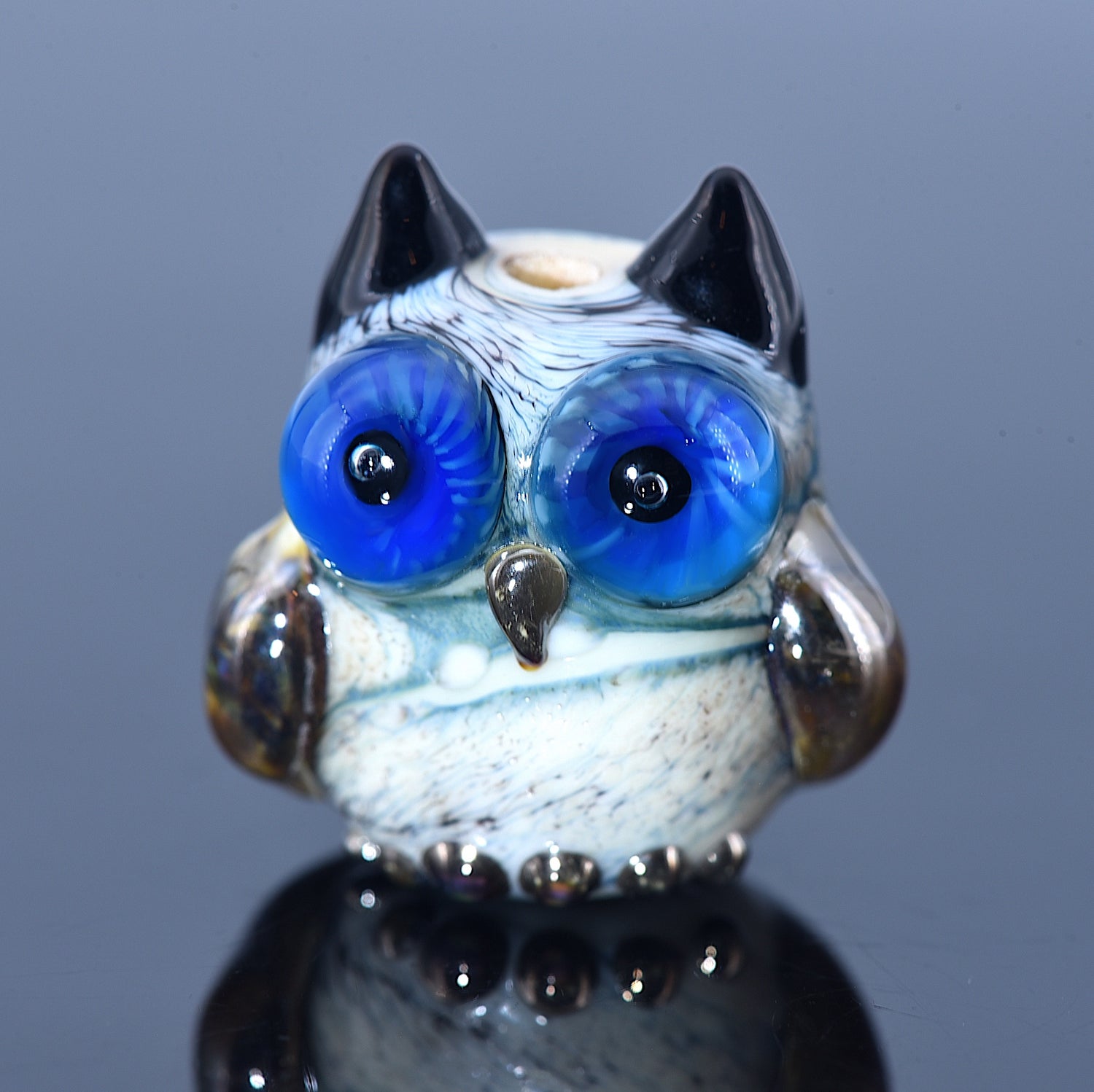 OWL-M-01 - Ivory, Black and Blue Free Style Owl Bead, size M