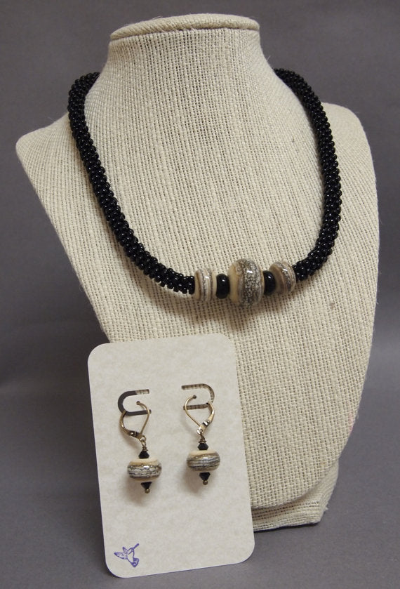 LC-Classic Black and Khaki Kumihimo Necklace and Earrings