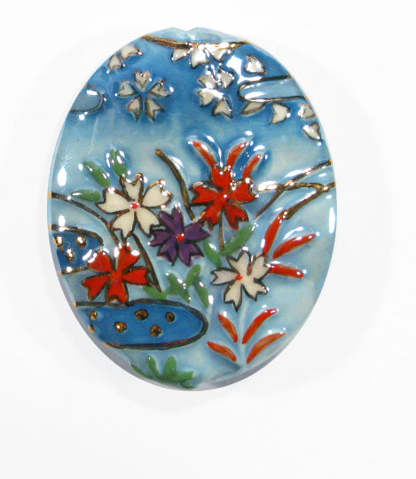HA043246 - 32x46mm Porcelain Puffed Oval Sky Blue/Floral