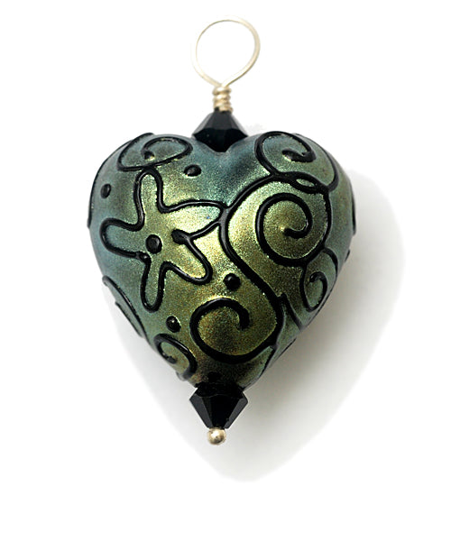 HP-11808005 - Green Pearl Surface w/Blk Heart Pendant