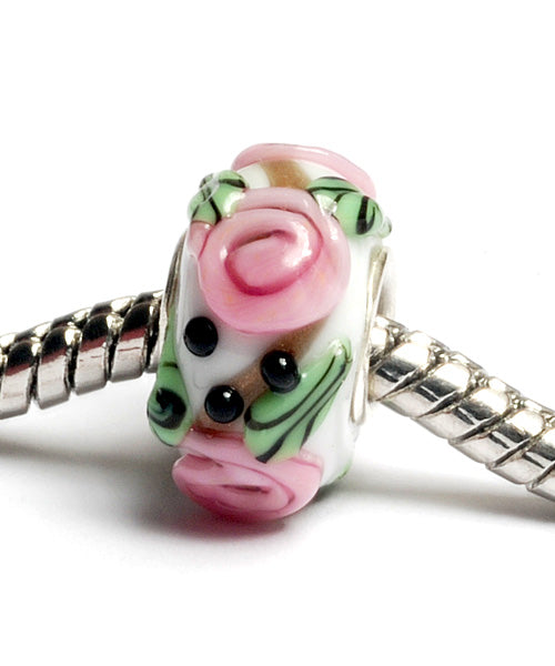 SC10007 - Large Hole White w/Pink Flower Rondelle Bead