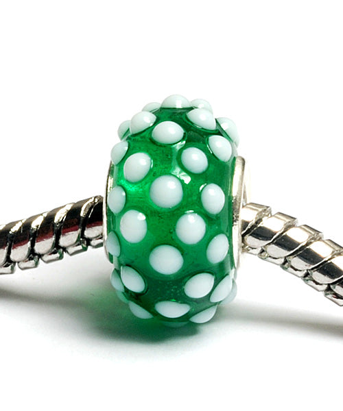 SC10011 - Large Hole Green w/White Dots Rondelle Bead