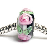 SC10029 - Large Hole Black w/Pink Flower Stringer Rondelle Bead