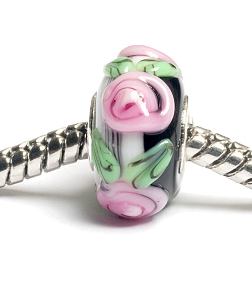 SC10029 - Large Hole Black w/Pink Flower Stringer Rondelle Bead