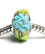 SC10038 - Large Hole Green w/Blue Flower Rondelle Bead