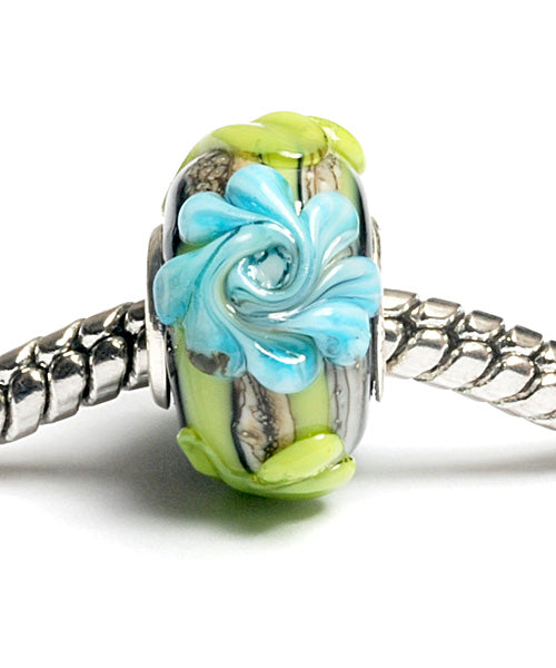 SC10038 - Large Hole Green w/Blue Flower Rondelle Bead