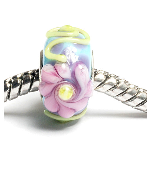 SC10044 - Large Hole Turquoise w/Pink Flower Rondelle Bead