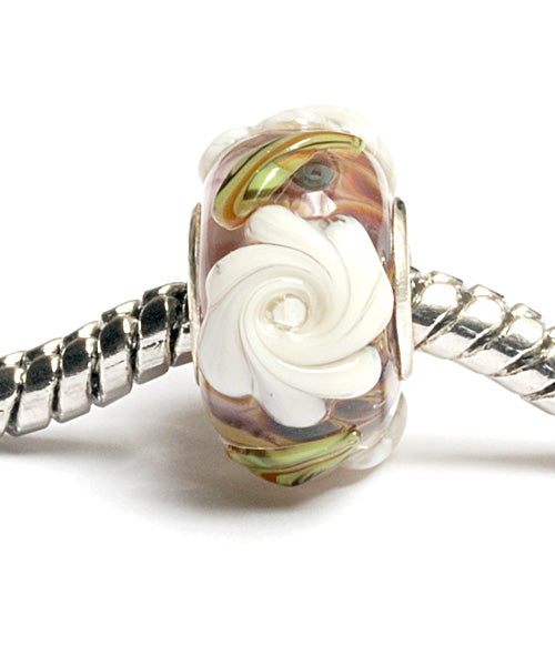 SC10060 - Large Hole Brown w/White Flower Rondelle Bead