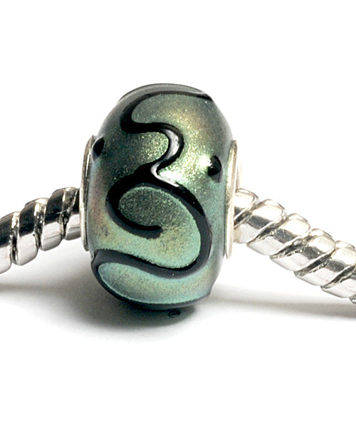 SC10072 - Large Hole Green Pearl Surface w/Black Rondelle Bead