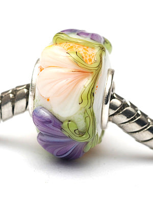 SC10099 - Large Hole White w/Purple Flora Rondelle Bead
