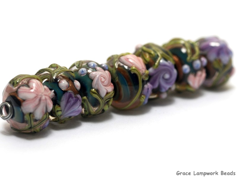 Handmade Glass Lampwork Beads Set 11005801 Seven Purple wOrange Flora Rondelle Beads