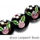 10107522 - Four Black w/White & Pink Flowers Lentil Beads
