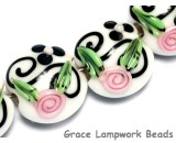 10107512 - Four White w/Black & Pink Flowers Lentil Beads