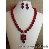 LC- Necklace/Earrings with 10700307 and 11810004 Red w/Black String Beads