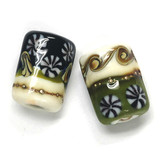 10305803 - Six Green w/Ivory Japanese Kimono Mini Kalera Beads