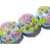 11605102 - Seven Blue w/Pink Flower Lentil Beads
