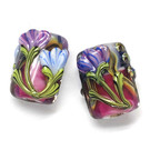 10108303 - Six Hot Pink w/Purple Floral Mini Kalera Beads